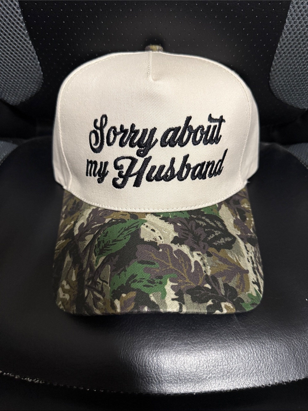 Sorry About My Husband Embroidered Trucker Hat - Beige & Camouflage